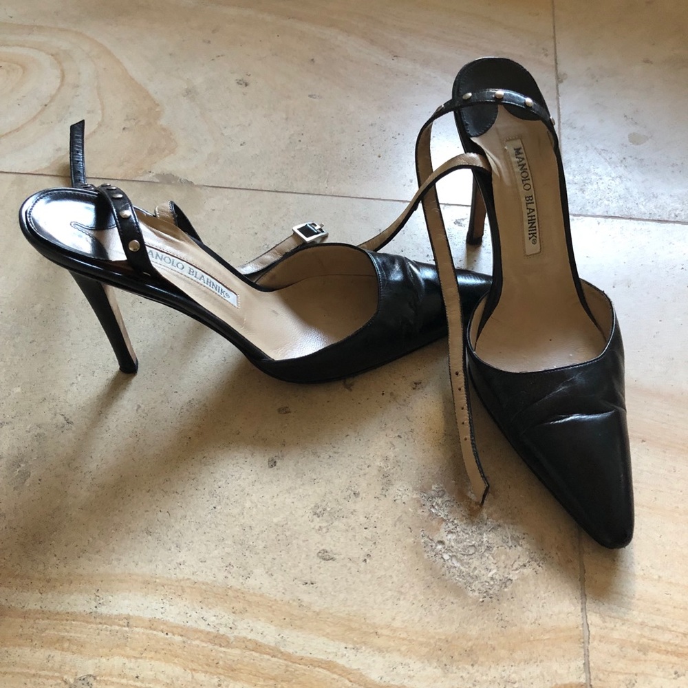 Monolo Blahnik Black Leather Strappy Heels